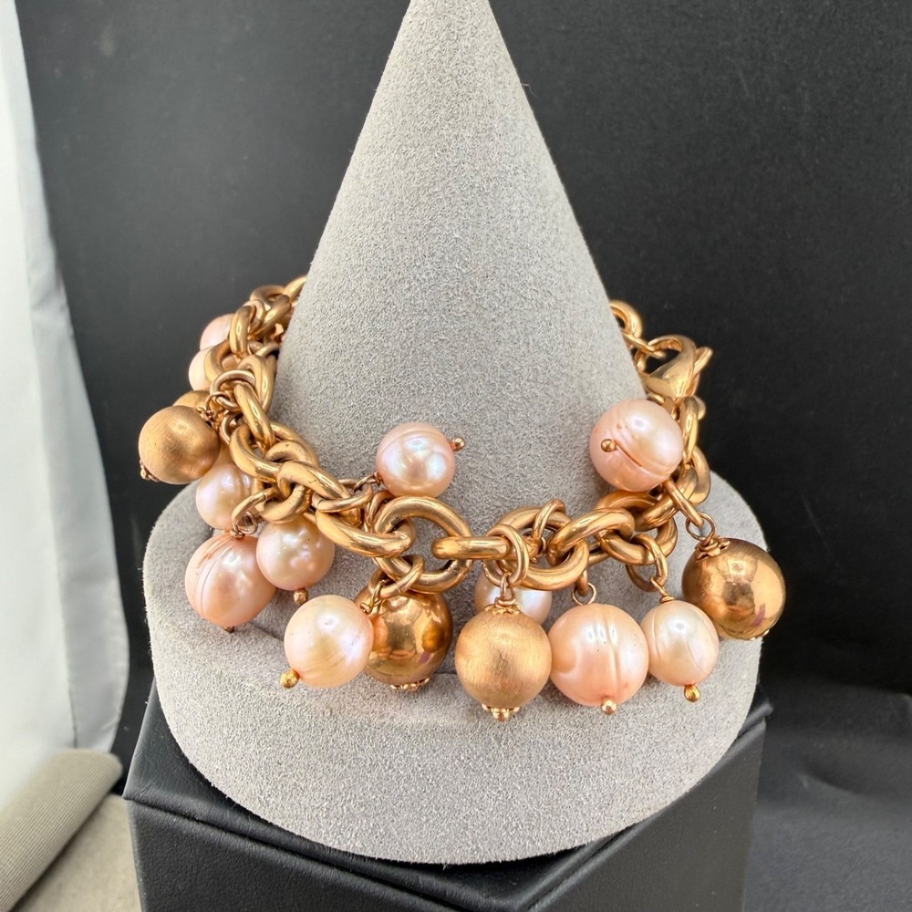 Milor Italy Bracelet Bronze Beaded Pearl Signed 7"